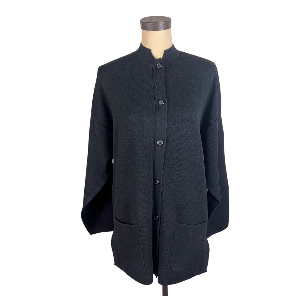 Ann Taylor Womens Medium Black 100% Merino Wool Mock Neck Cardigan Pocket